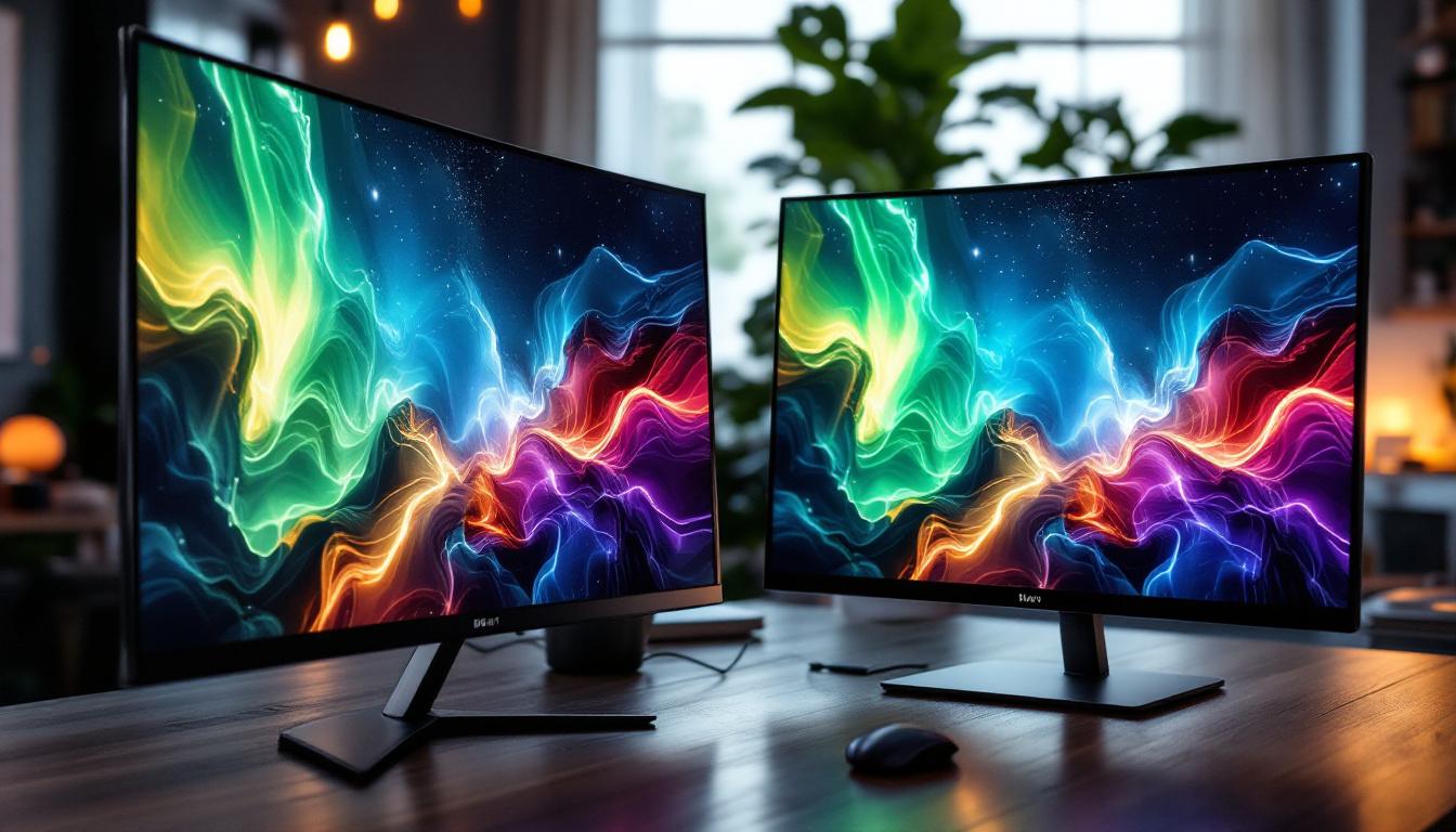 A photograph of a side-by-side comparison of an lcd and an led display