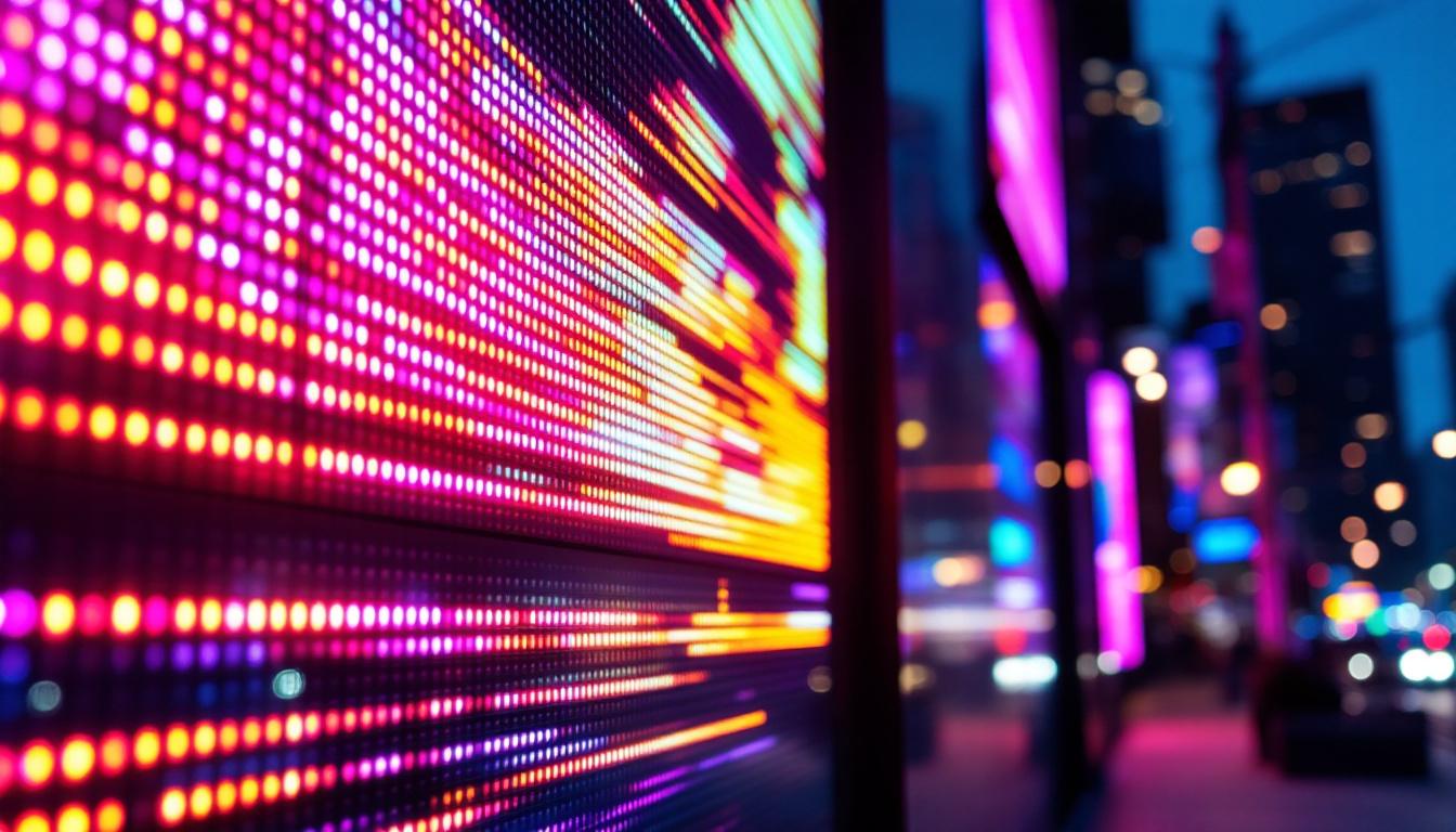 A photograph of capture a photograph of a vibrant led display in a dynamic setting