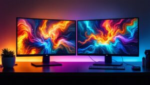 A photograph of a side-by-side comparison of an lcd monitor and an led monitor