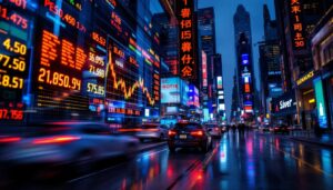 A photograph of a vibrant led stock market ticker display in a bustling financial district