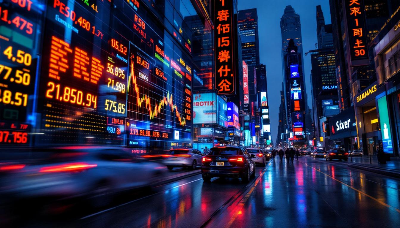 A photograph of a vibrant led stock market ticker display in a bustling financial district