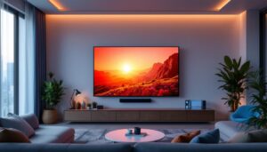 A photograph of a modern living room setup featuring a tv wall projector in action