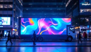 A photograph of a vibrant led mobile billboard in an urban setting