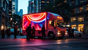 A photograph of capture a photograph of a vibrant led mobile truck parked in an urban setting