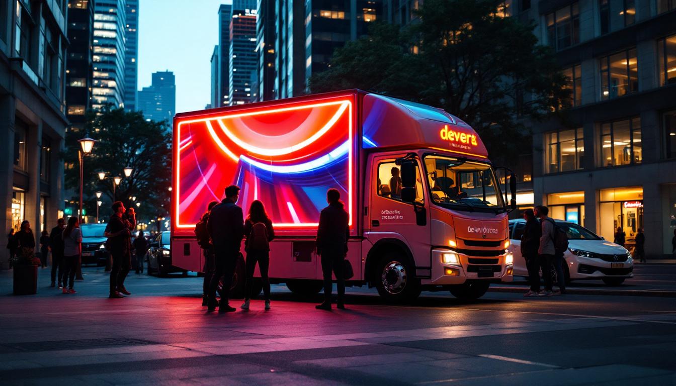 A photograph of capture a photograph of a vibrant led mobile truck parked in an urban setting