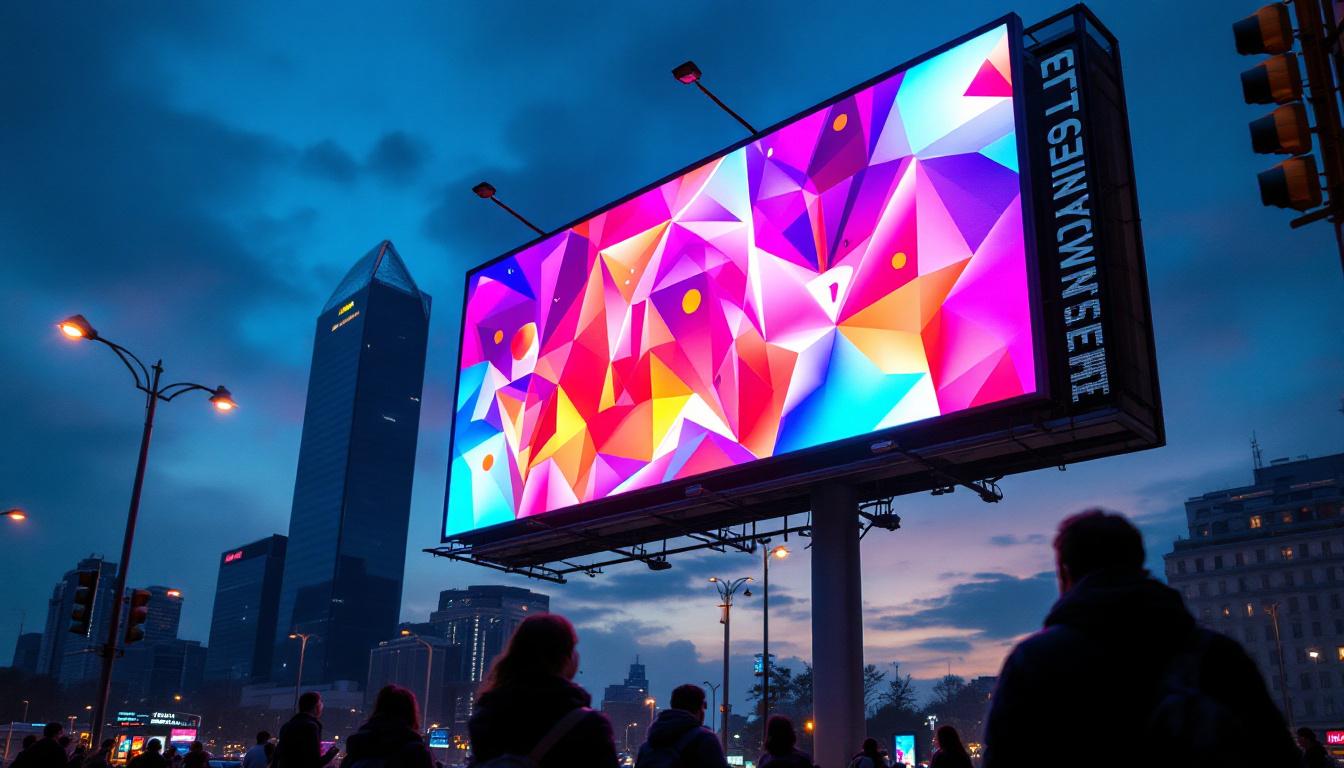 A photograph of a vibrant led advertisement billboard at dusk