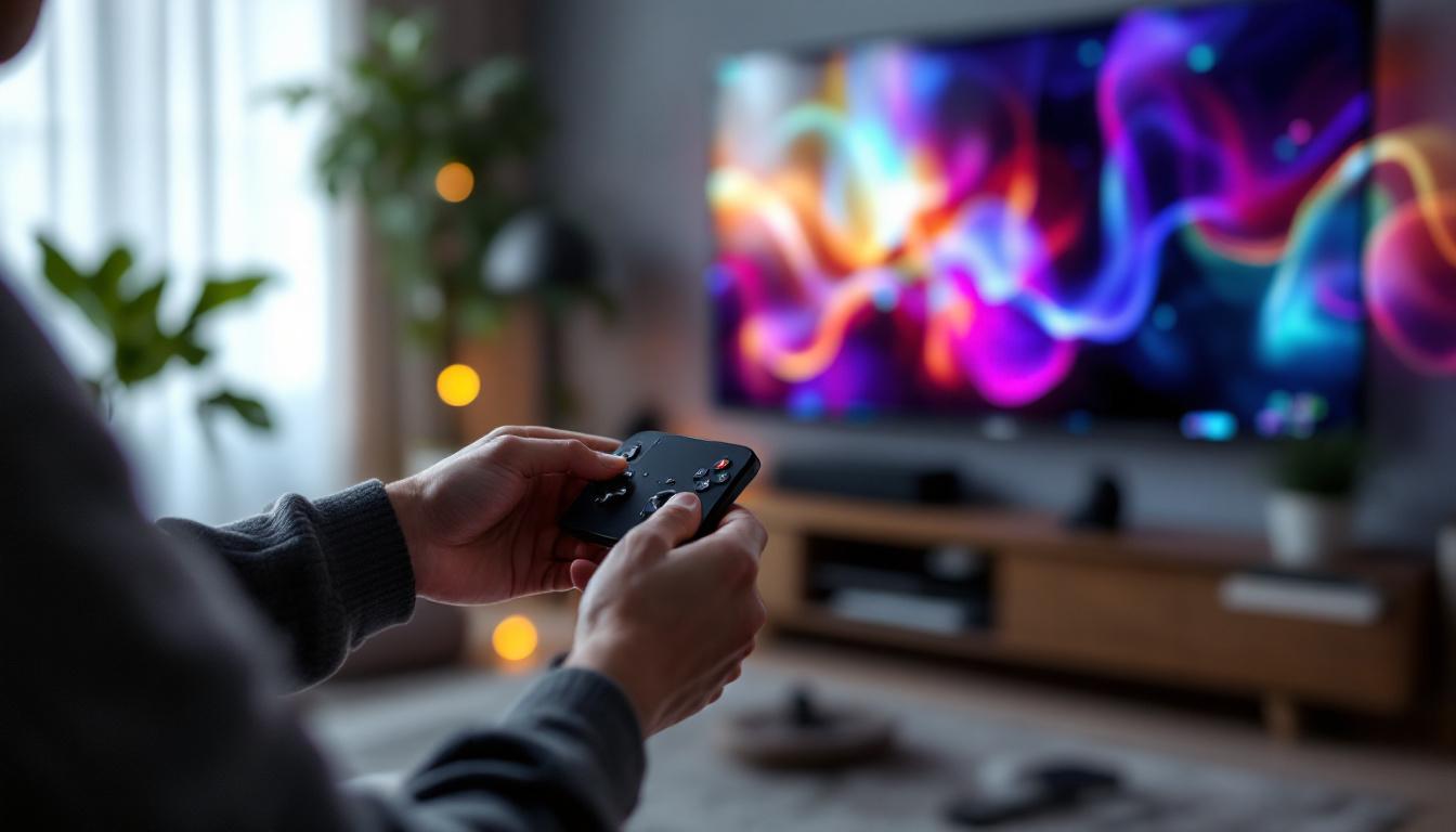 A photograph of a close-up shot of a person interacting with a touch screen tv controller