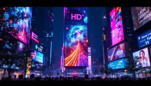 A photograph of a vibrant led display in a bustling urban environment
