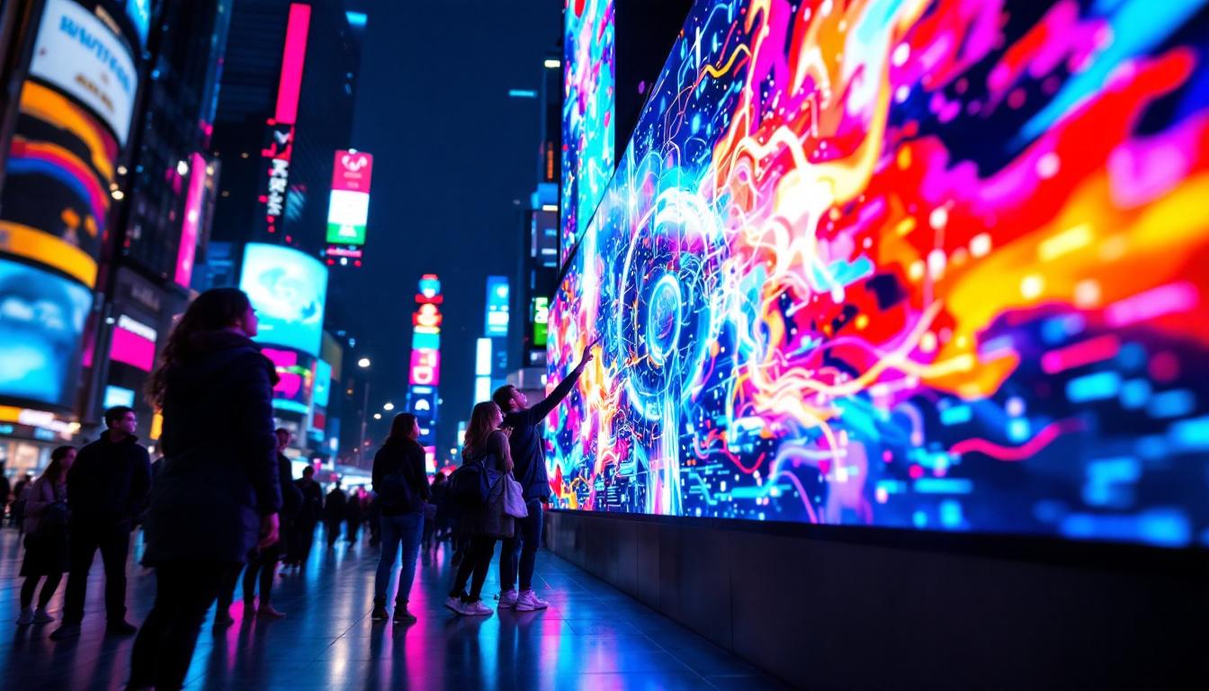 A photograph of a vibrant led display in an urban setting