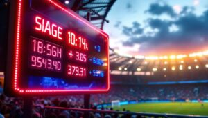 A photograph of a vibrant led electronic football scoreboard displaying live game statistics and scores