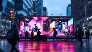 A photograph of a mobile billboard trailer showcasing a vibrant led display in an urban setting