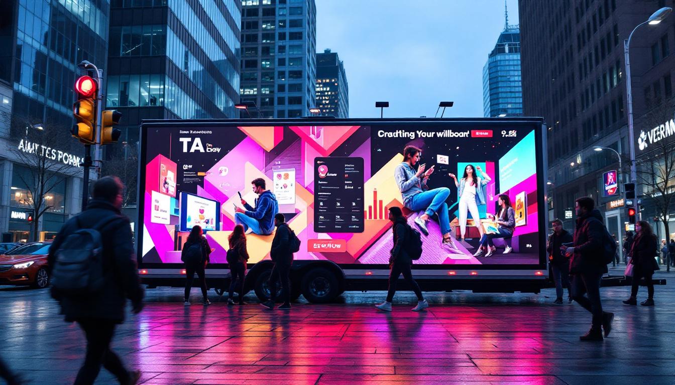 A photograph of a mobile billboard trailer showcasing a vibrant led display in an urban setting