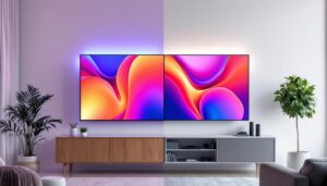 A photograph of a side-by-side comparison of a vibrant led screen and a more subdued lcd screen