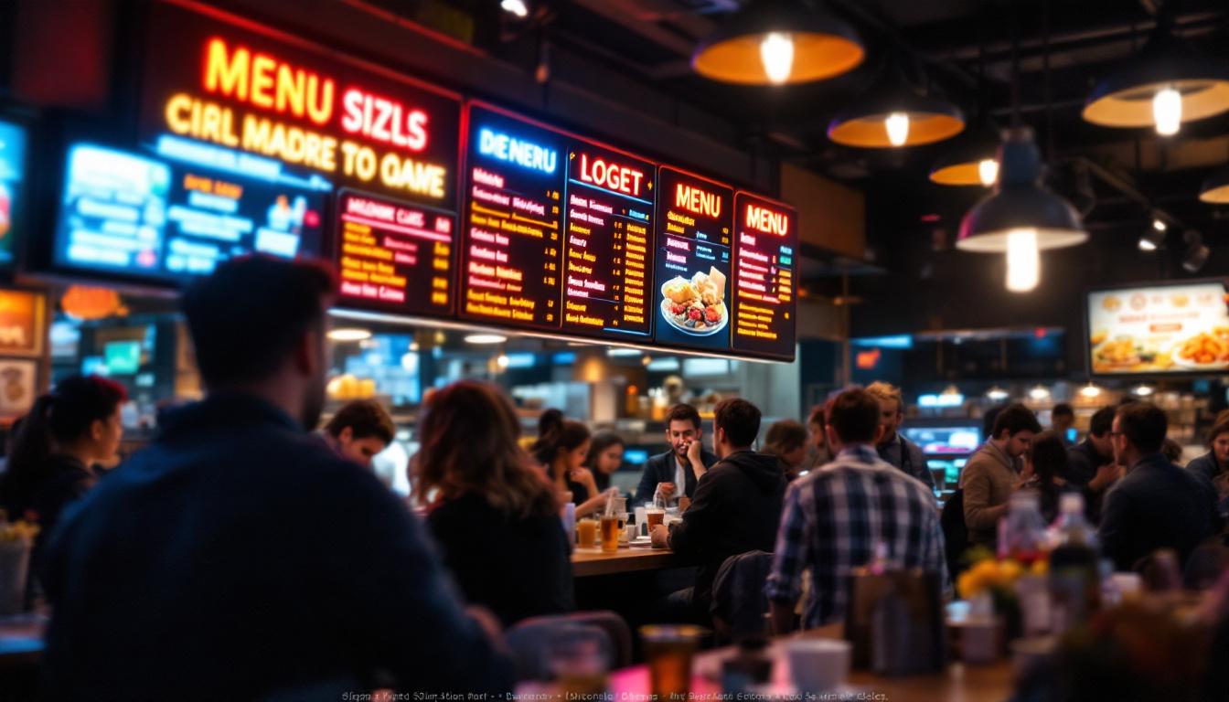 A photograph of a vibrant led menu display board in a bustling restaurant setting