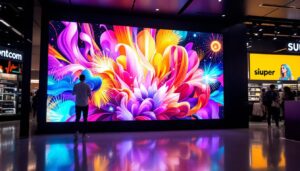 A photograph of a vibrant led display in a bustling retail environment