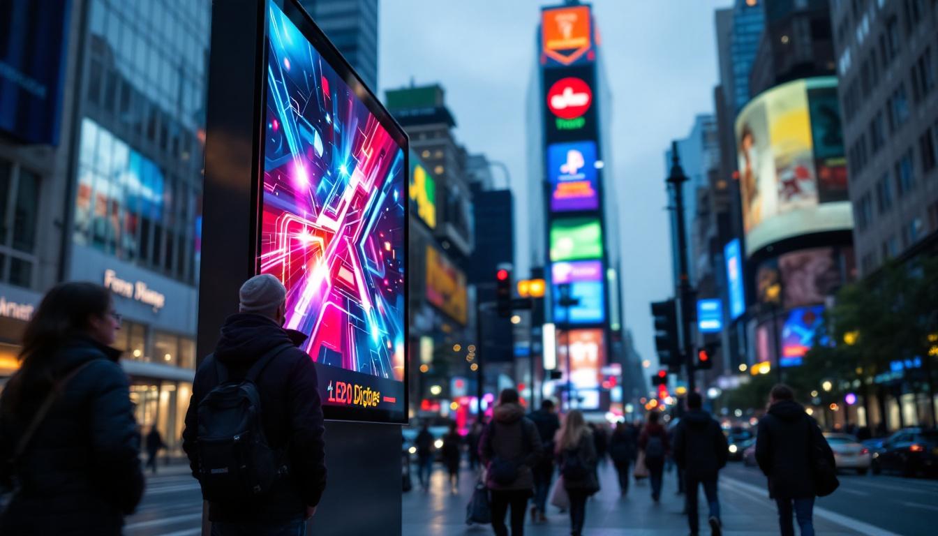A photograph of a vibrant outdoor digital message board displaying dynamic led graphics in a bustling urban setting