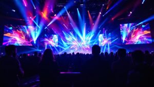 A photograph of a vibrant led rental screen in action at an event