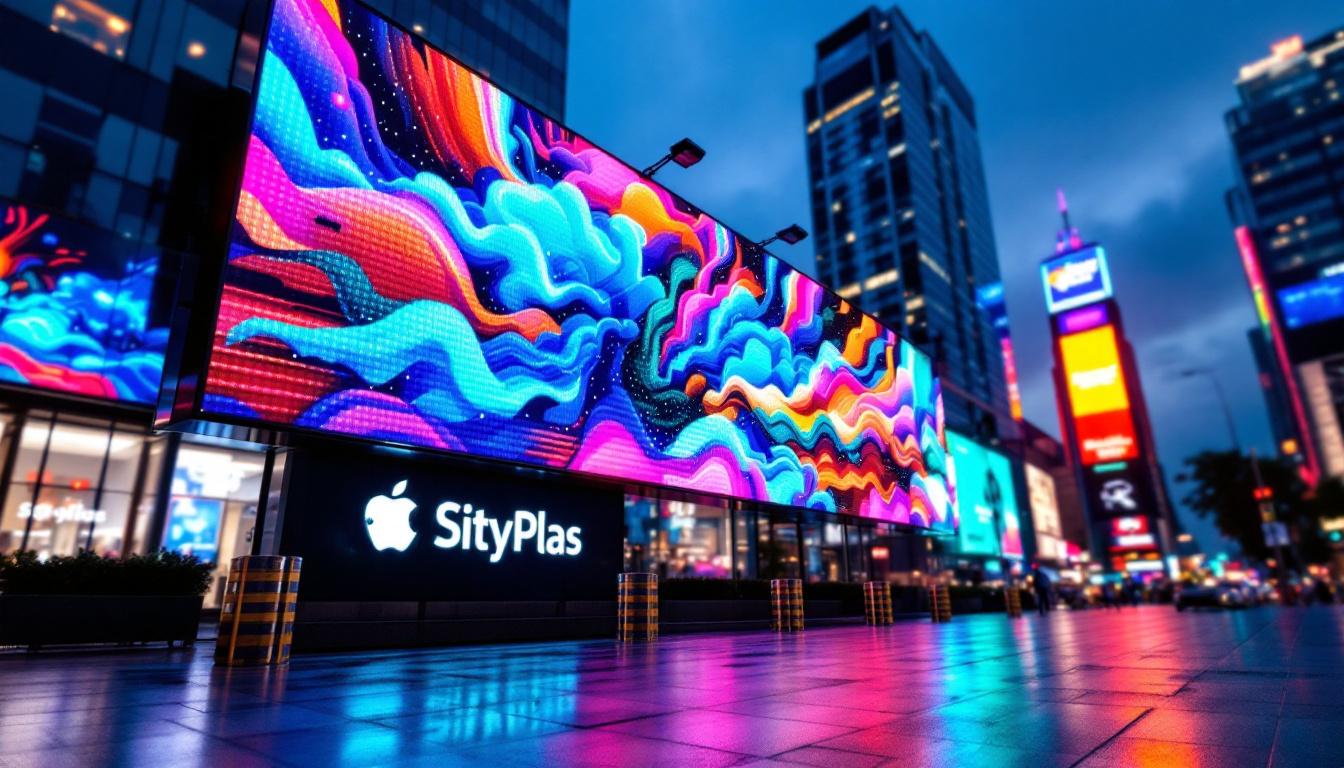 A photograph of a vibrant led sign display in an urban setting