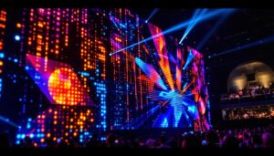 A photograph of a vibrant led display in action during a live event