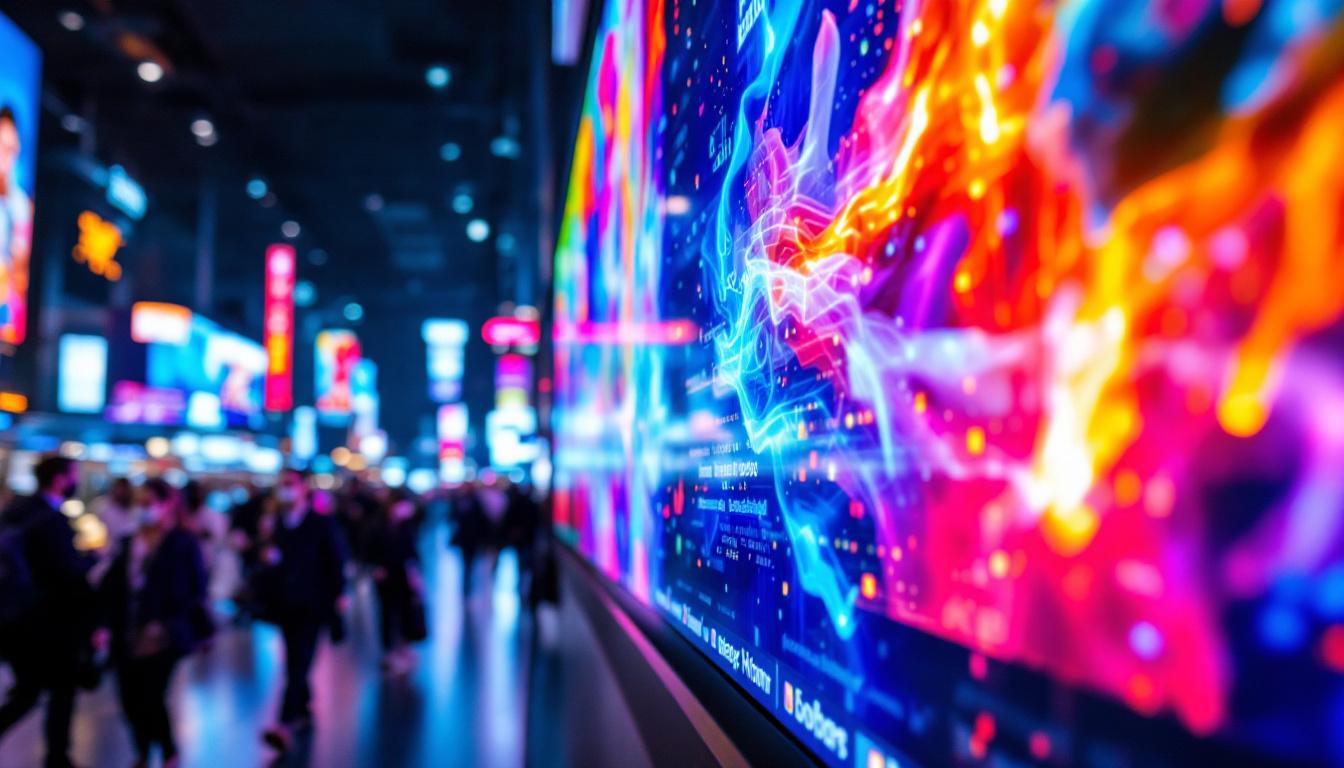 A photograph of a vibrant led display in a bustling advertising environment