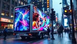 A photograph of a vibrant mobile billboard featuring an led display in an urban setting