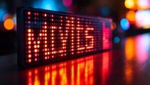 A photograph of a close-up shot of a vibrant led display showcasing dynamic graphics or text