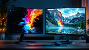 A photograph of a side-by-side comparison of an lcd and an led display