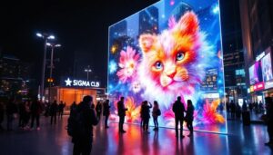 A photograph of capture a photograph of a transparent led film screen in an urban setting