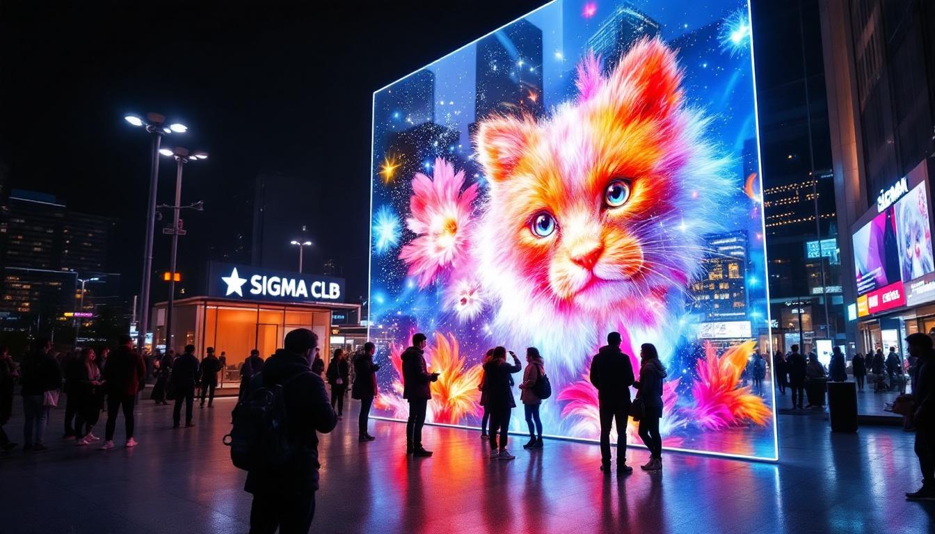 A photograph of capture a photograph of a transparent led film screen in an urban setting