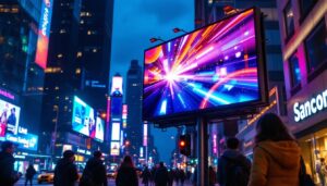 A photograph of a vibrant led billboard displaying an eye-catching advertisement in an urban setting