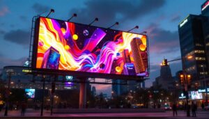 A photograph of a vibrant led billboard displaying dynamic graphics in an urban setting