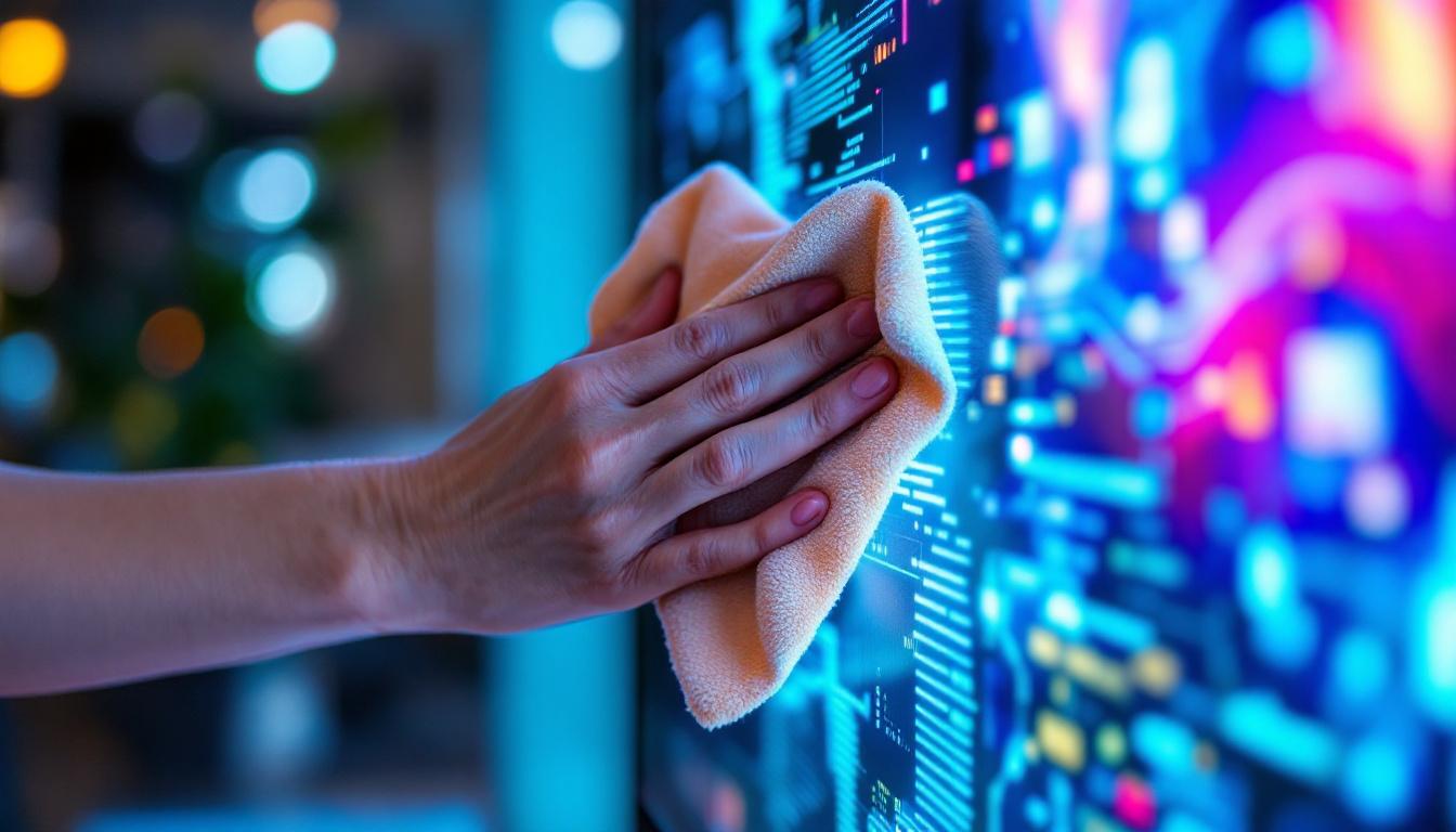 A photograph of a person carefully cleaning an led screen with a microfiber cloth