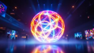 A photograph of a vibrant and dynamic sphere-shaped led screen displaying colorful visuals in an engaging environment