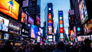 A photograph of capture a photograph of the vibrant led displays in times square at dusk