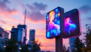 A photograph of a vibrant smart pole featuring an illuminated led display in an urban setting