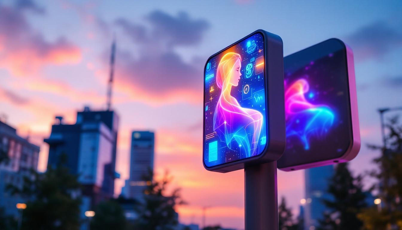 A photograph of a vibrant smart pole featuring an illuminated led display in an urban setting