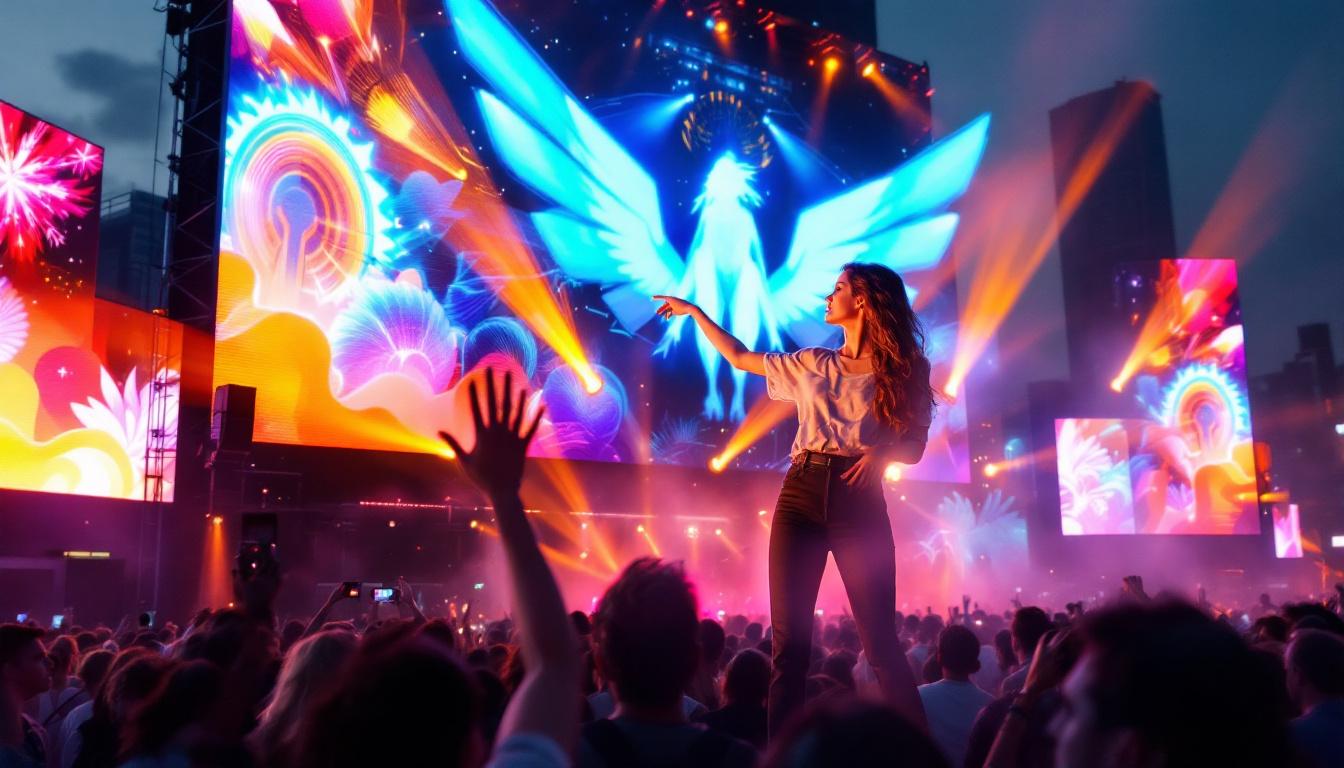 A photograph of a vibrant outdoor event featuring a large led display screen showcasing dynamic visuals