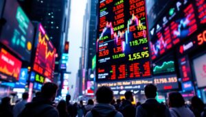 A photograph of a vibrant led stock ticker display in a bustling financial district