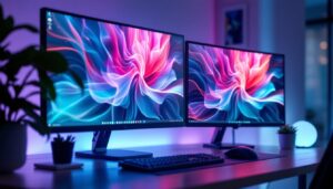 A photograph of a stylish workspace featuring dual monitors displaying vibrant led wallpaper