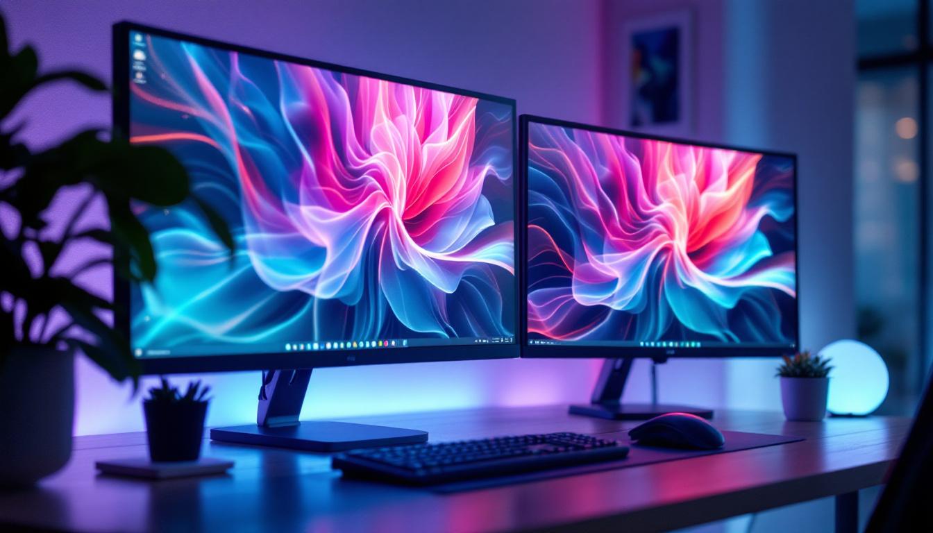 A photograph of a stylish workspace featuring dual monitors displaying vibrant led wallpaper
