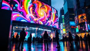A photograph of a vibrant led display in an urban setting