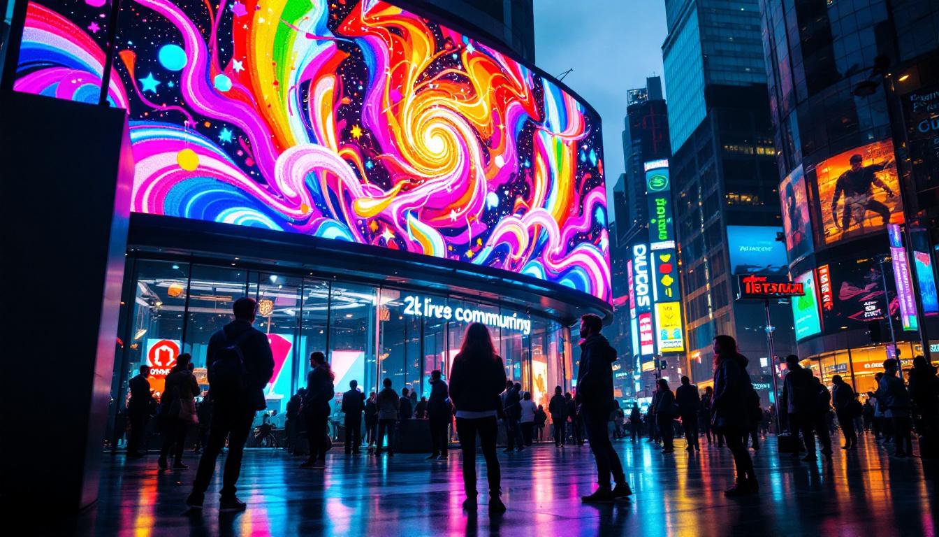 A photograph of a vibrant led display in an urban setting