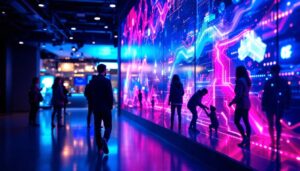 A photograph of a vibrant led display screen in a commercial setting