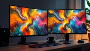 A photograph of a side-by-side comparison of an lcd monitor and an led display