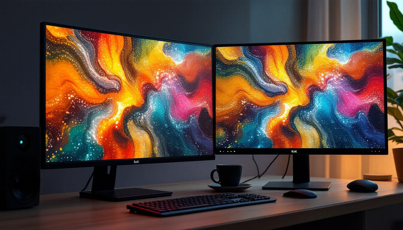 A photograph of a side-by-side comparison of an lcd monitor and an led display