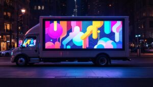 A photograph of a vibrant mobile digital billboard in action