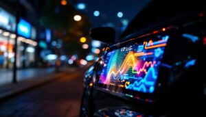 A photograph of a vibrant car led panel illuminated at night
