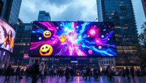 A photograph of a vibrant led display screen in an urban setting