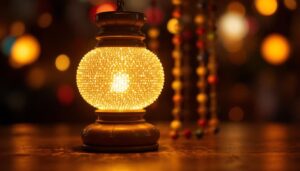A photograph of a beautifully lit lamp adorned with colorful beads