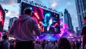 A photograph of a vibrant outdoor event featuring a large jumbotron led display in action